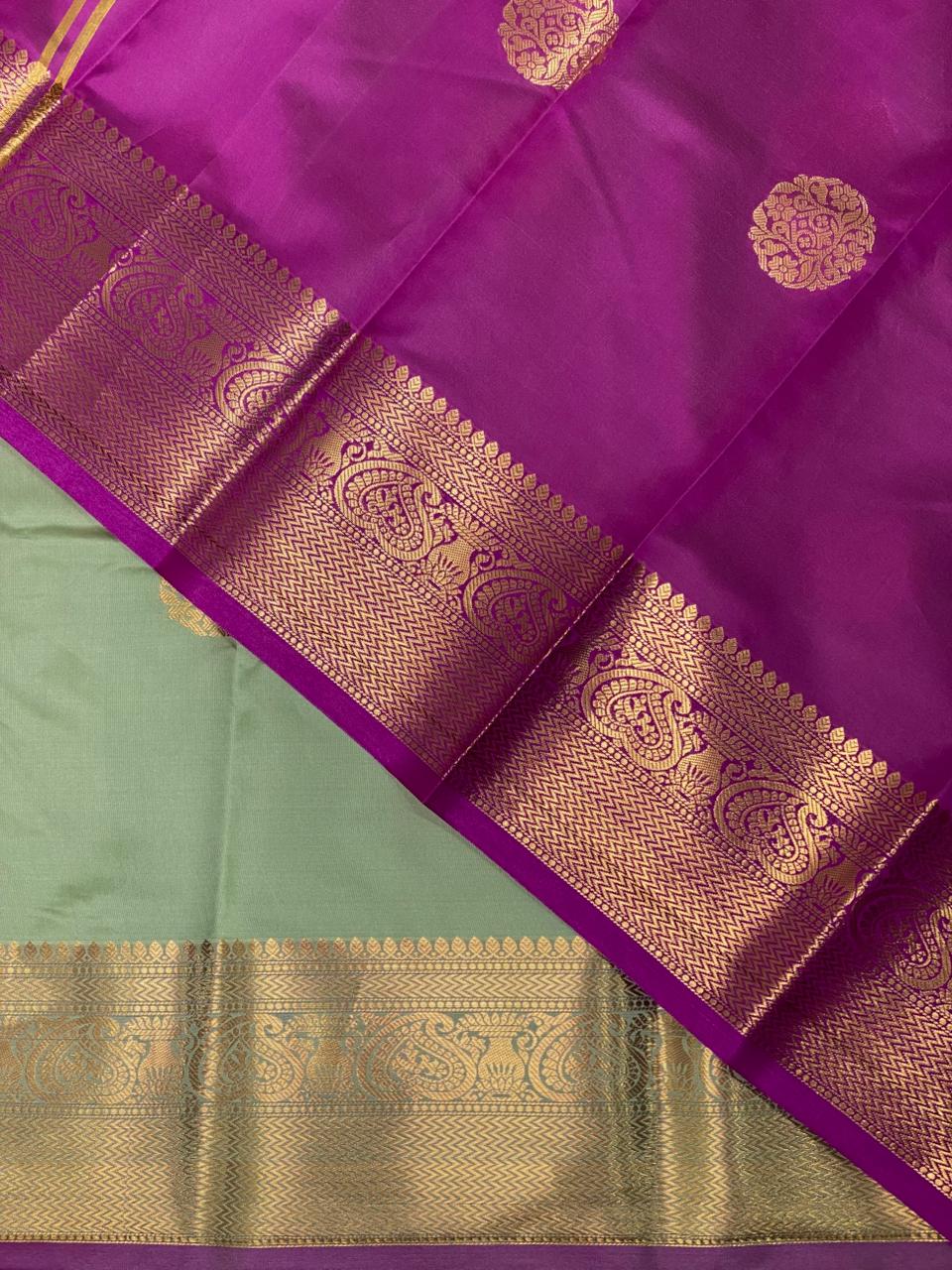 Pastal Green and purple semi kanchipuram soft silk saree - PSSN91