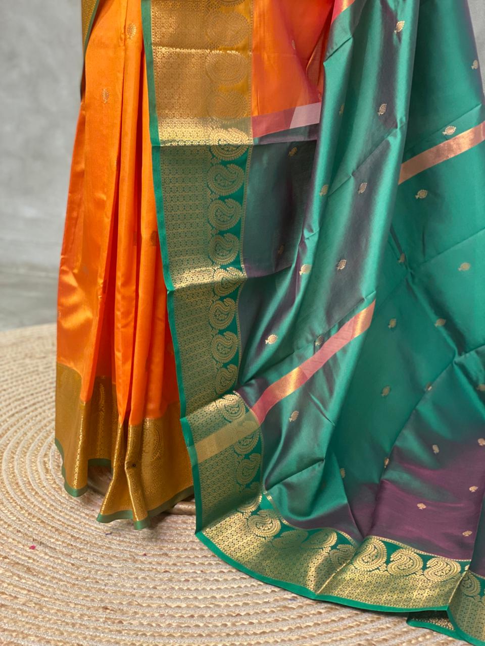 Mustard Yellow and Green semi kanchipuram soft silk saree - PSSN99