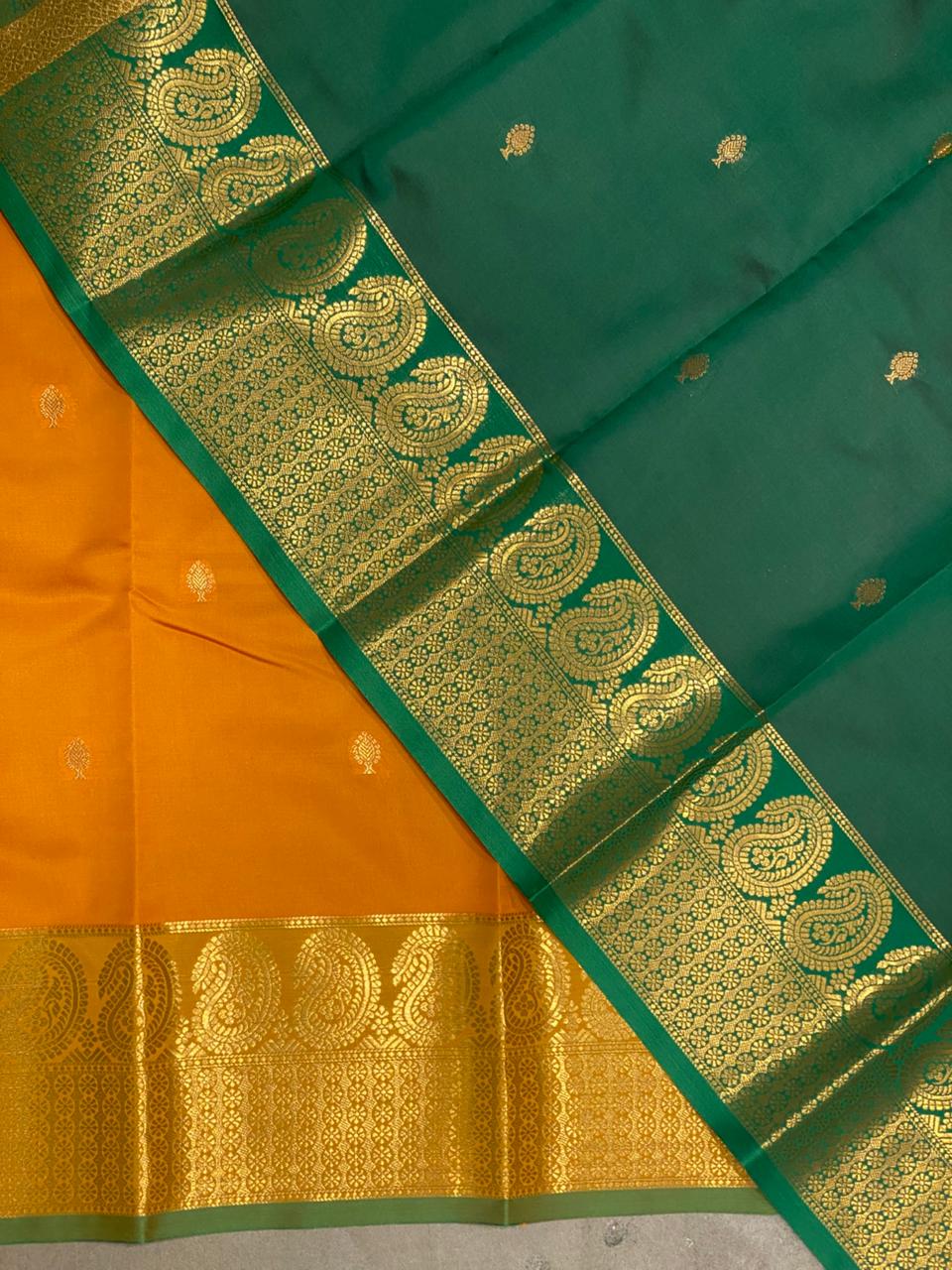 Mustard Yellow and Green semi kanchipuram soft silk saree - PSSN99