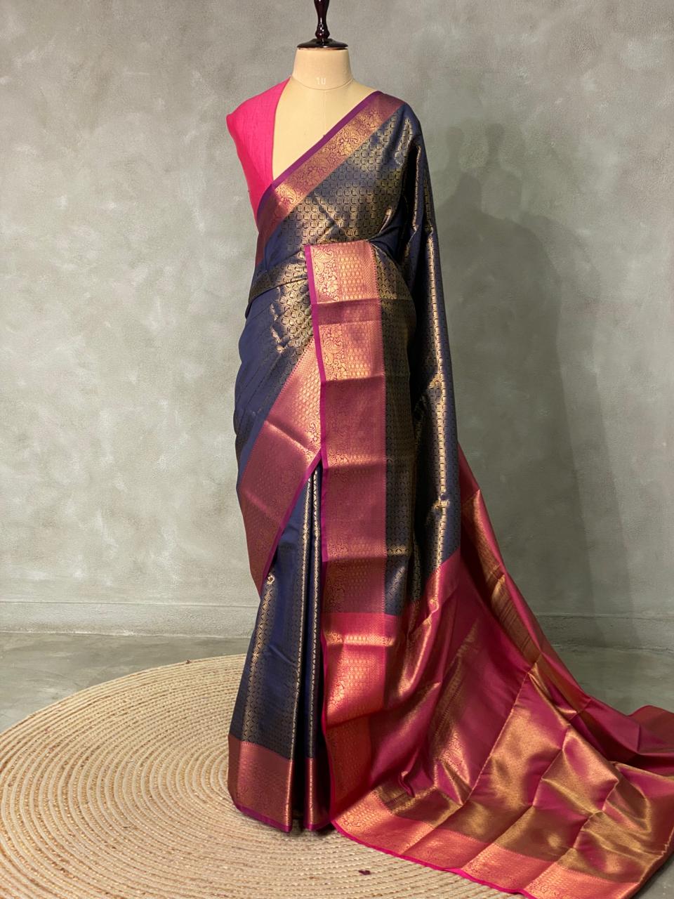 Navy Blue andmagenta Semi brocade Banarasi silk saree- PBROH