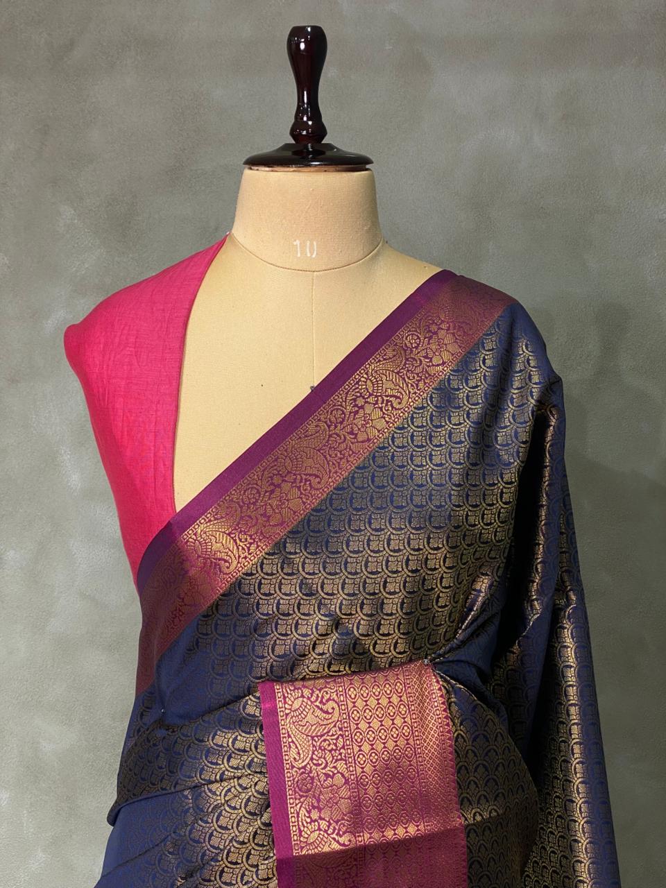Navy Blue andmagenta Semi brocade Banarasi silk saree- PBROH