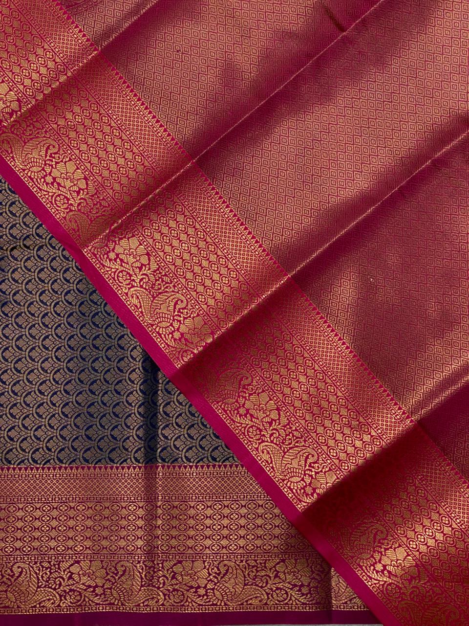 Navy Blue andmagenta Semi brocade Banarasi silk saree- PBROH