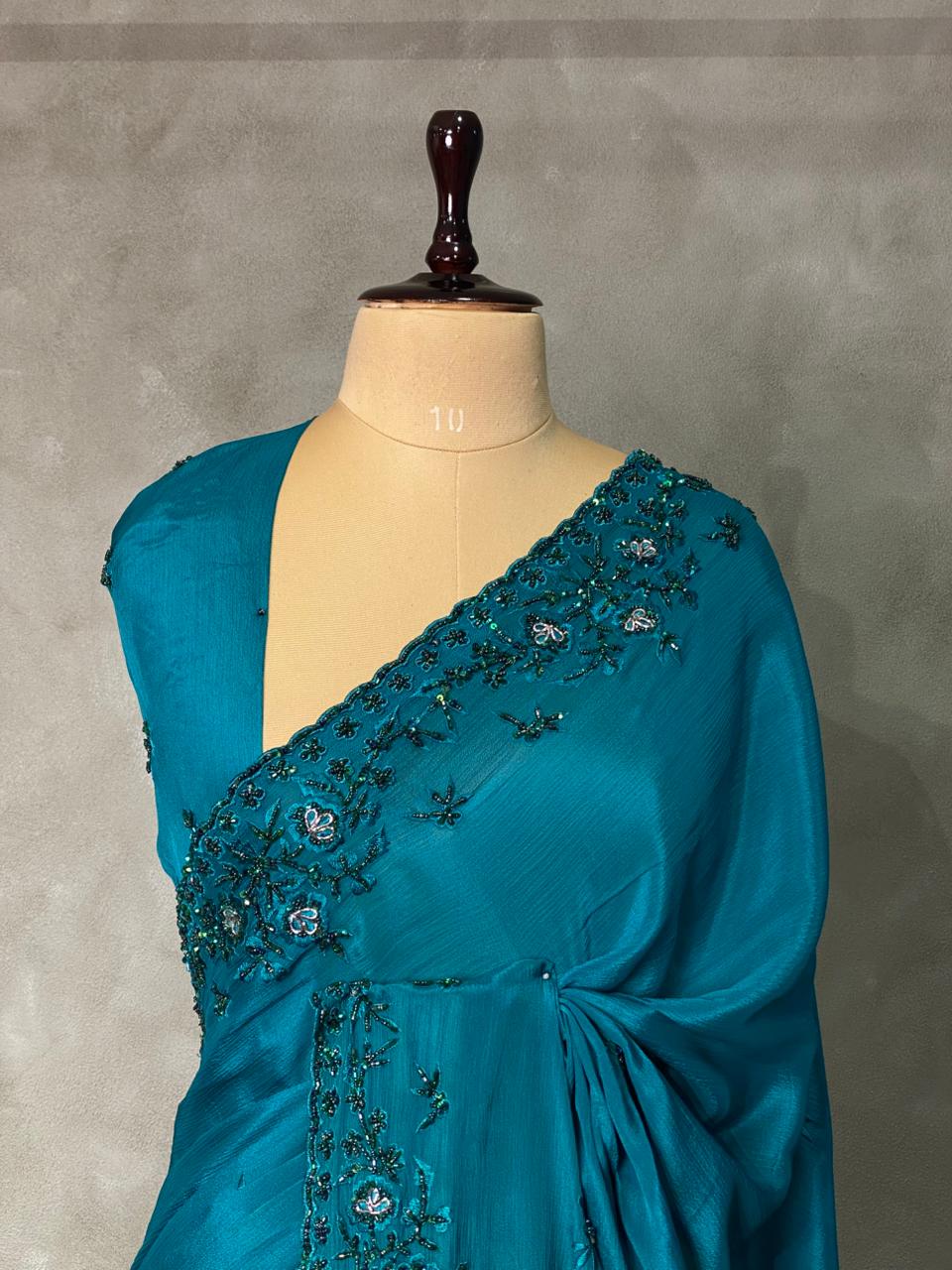 Peacock blue pure crepe designer saree - PSD05