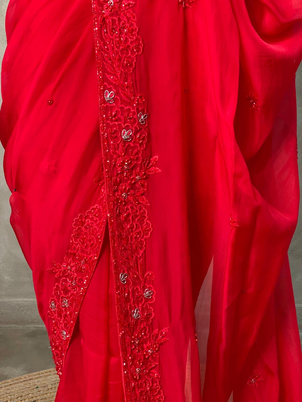 Red pure organza designer saree - PSD06