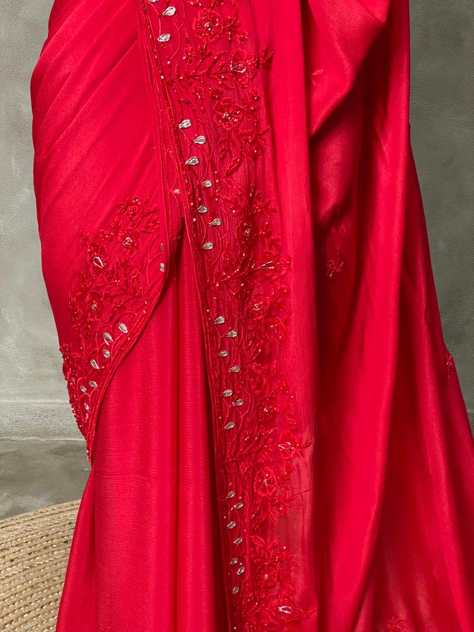 Red pure chiffon designer saree - PSD07