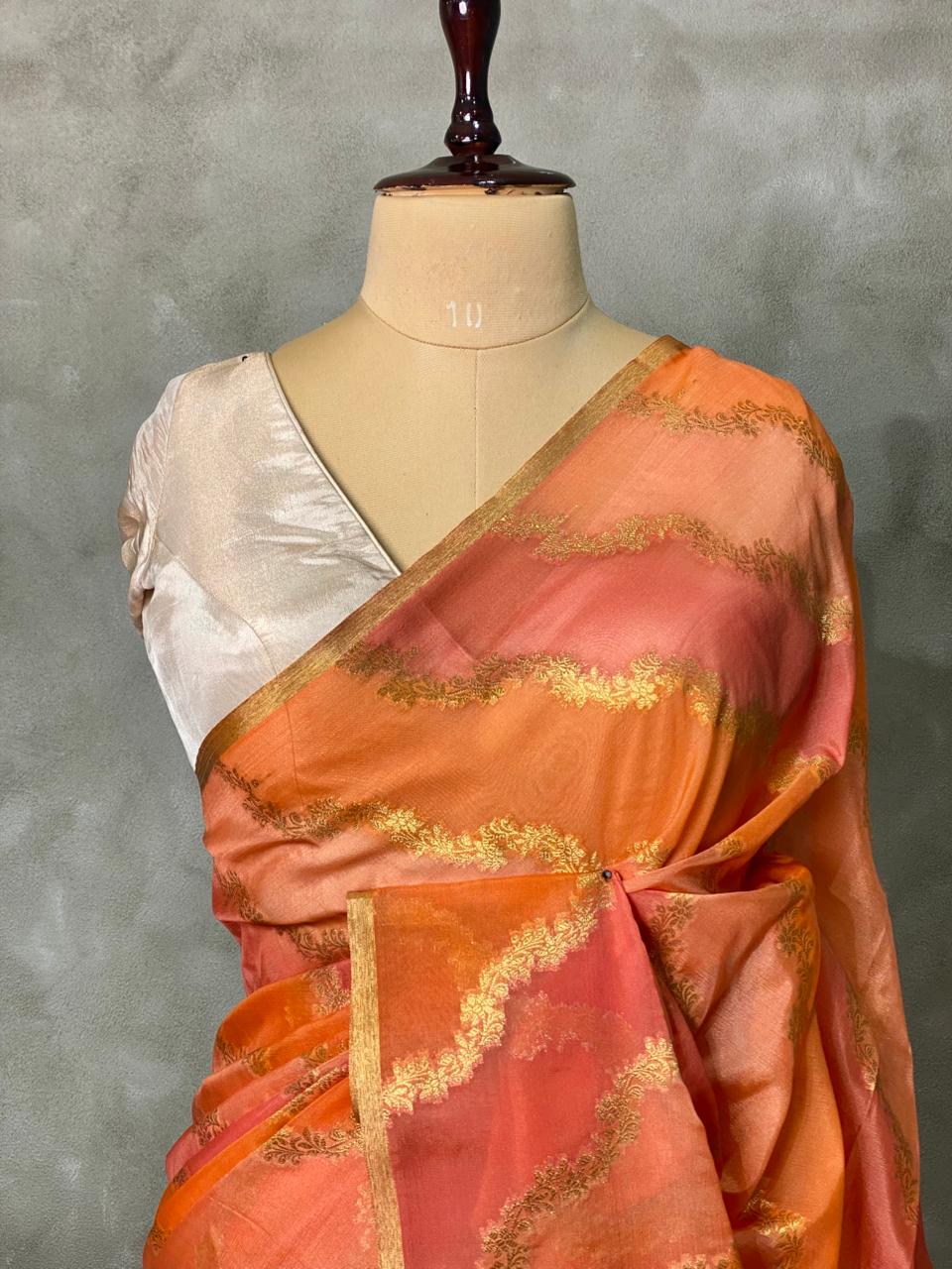 Orange and peach Banarasi silk saree- MPS11A