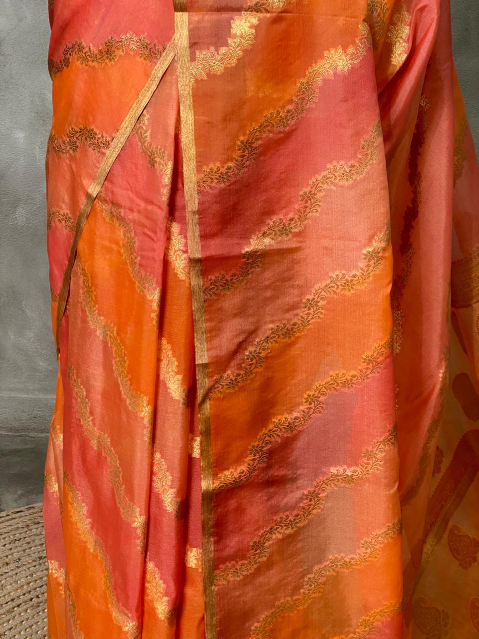 Orange and peach Banarasi silk saree- MPS11A
