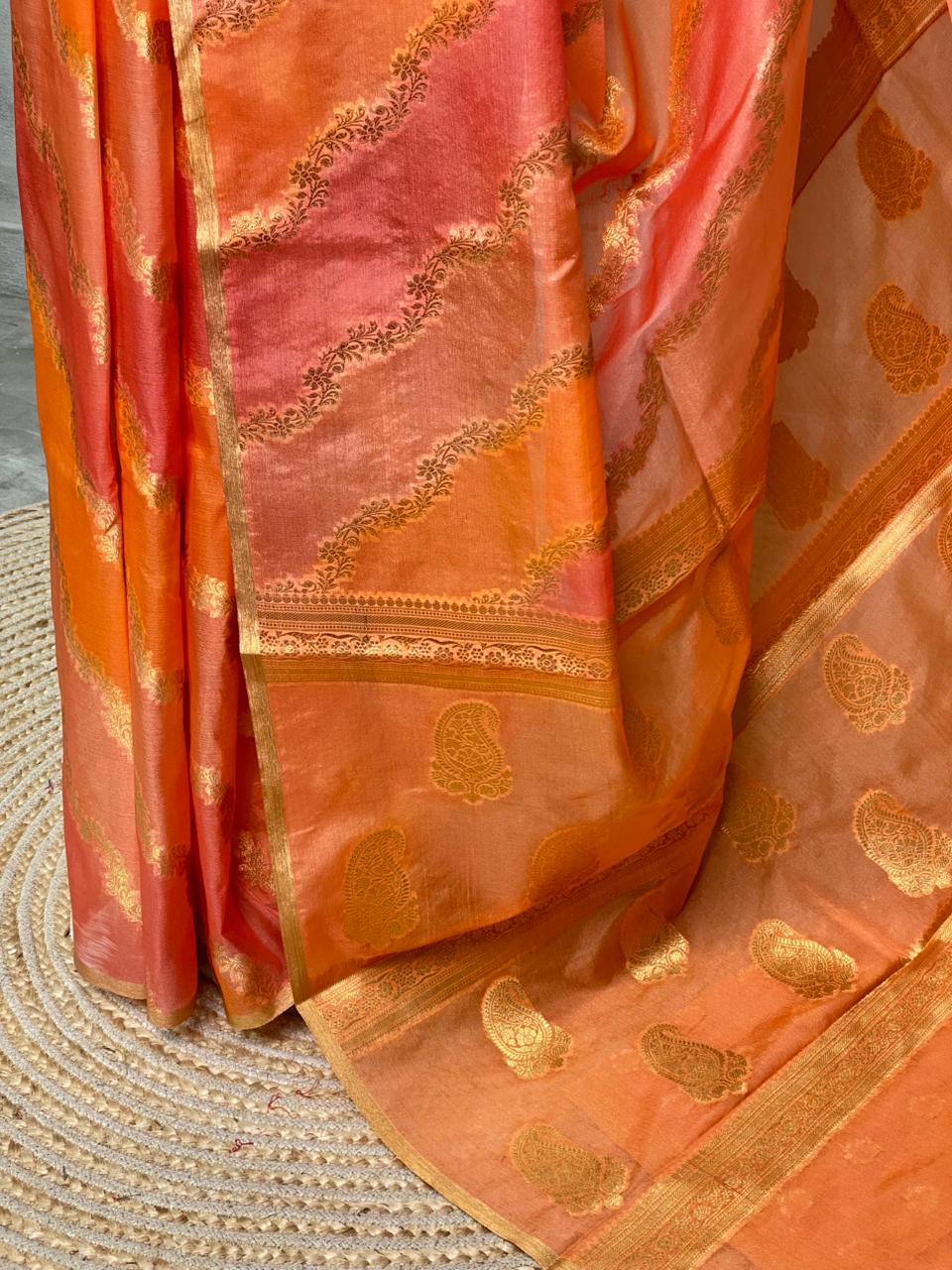 Orange and peach Banarasi silk saree- MPS11A