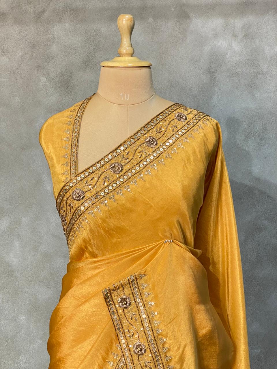 Golden yellow pure tissue silk designer saree - PSD12