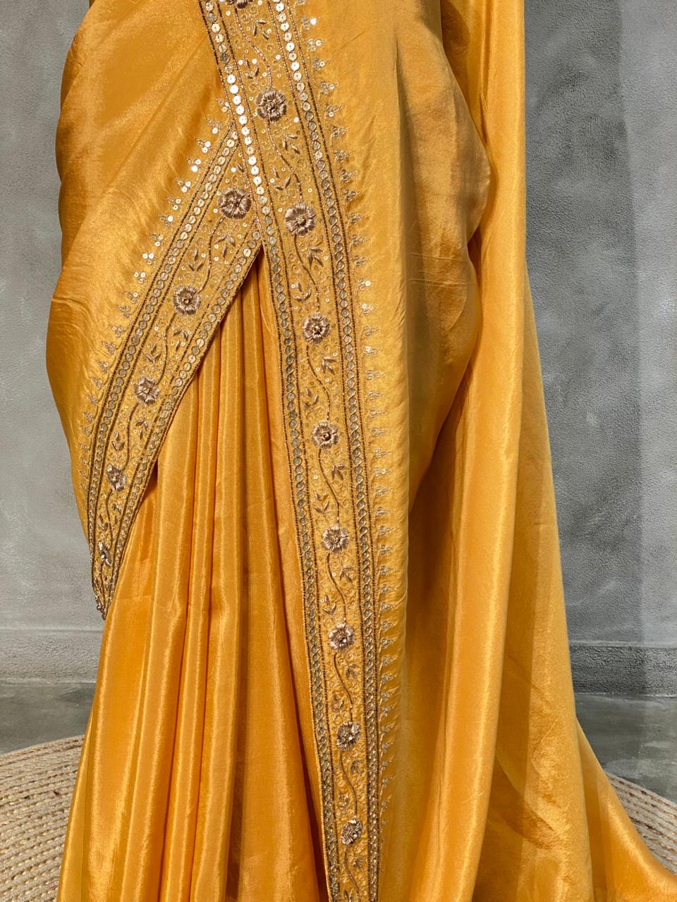 Golden yellow pure tissue silk designer saree - PSD12