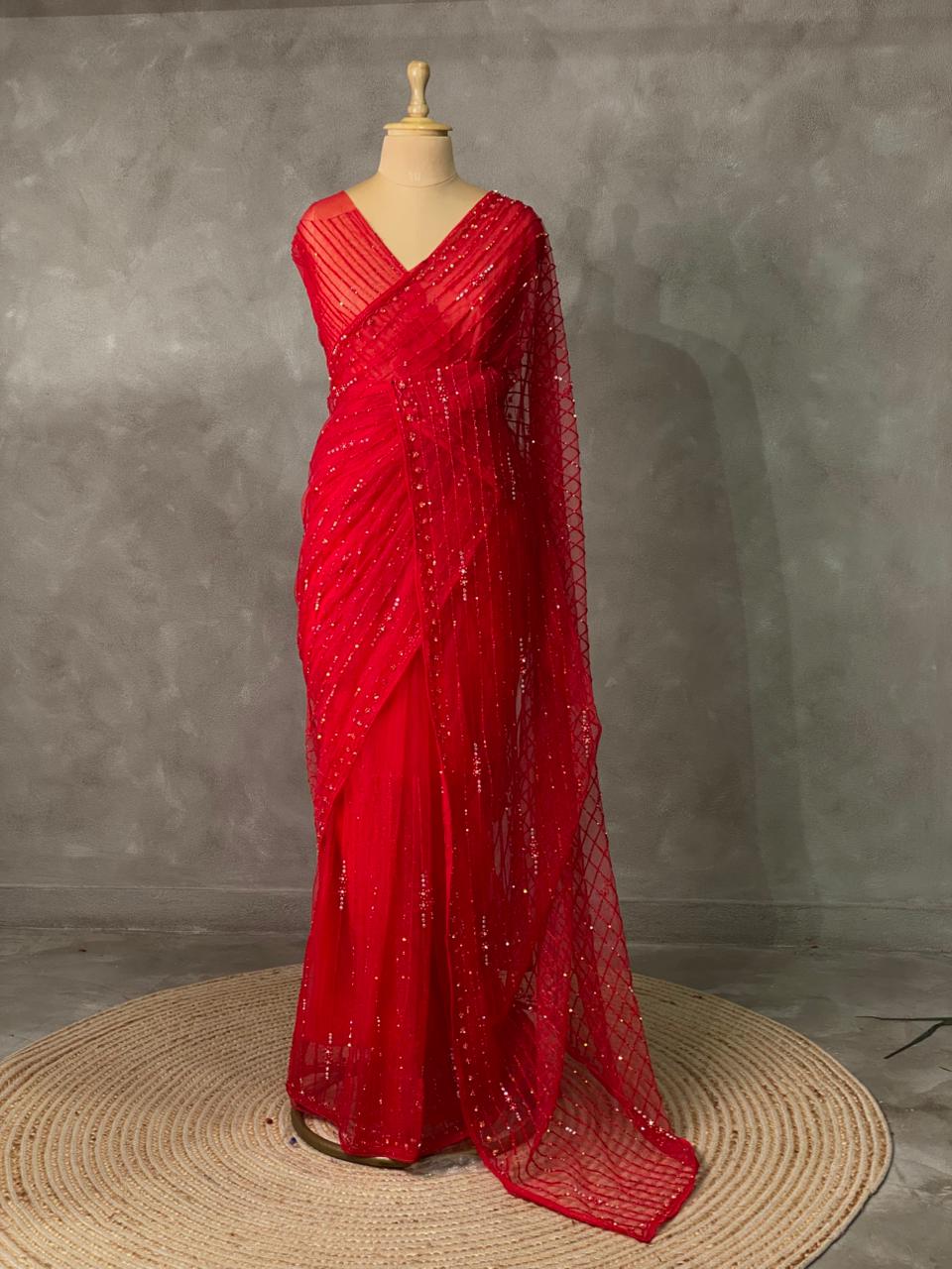 Red net designer saree - PSD17