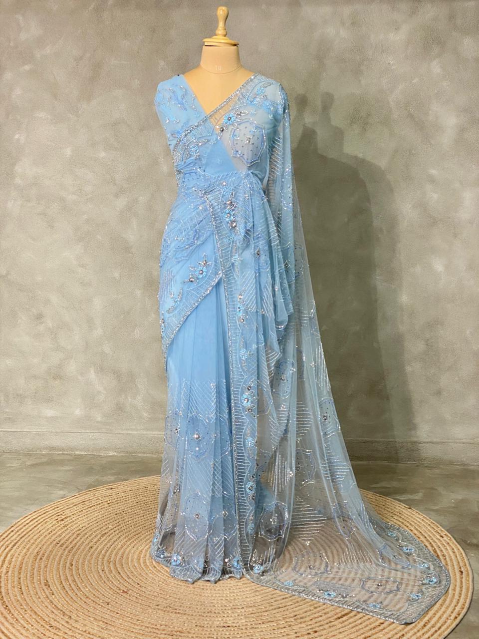 Pastal Blue net bridal designer saree - PSD23