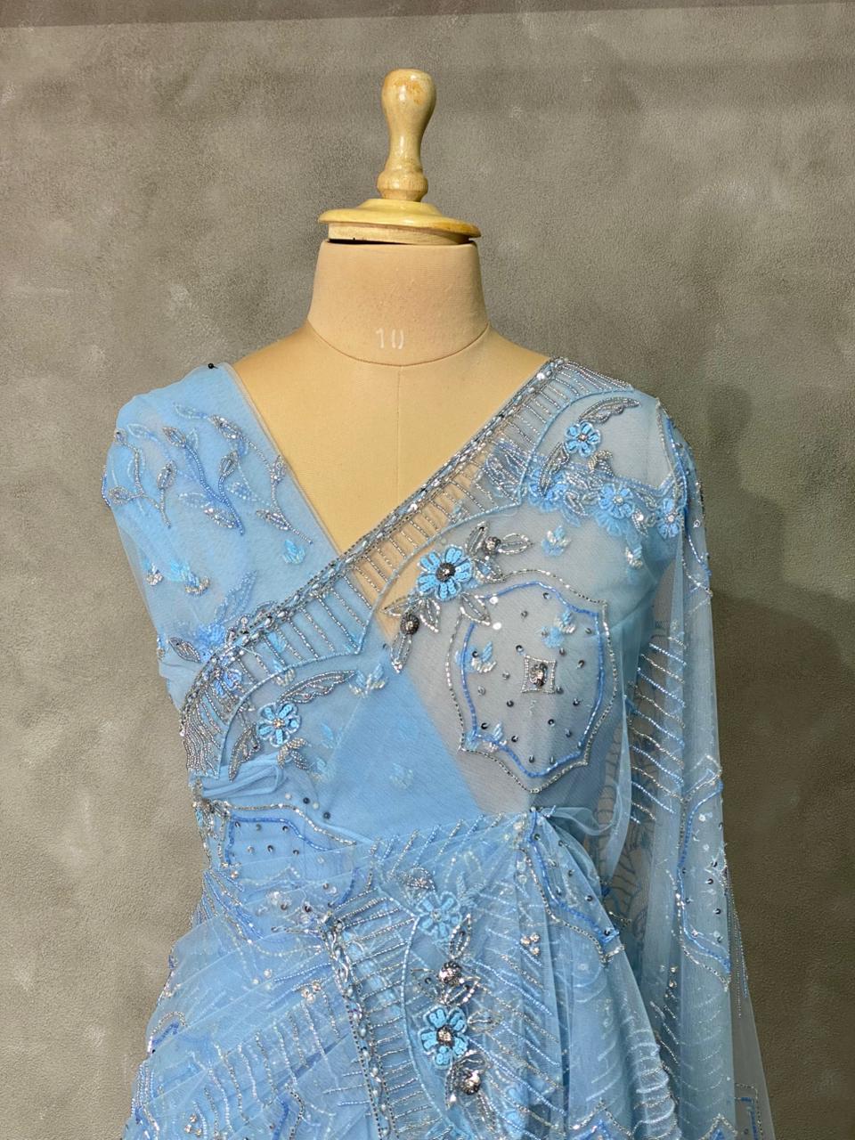 Pastal Blue net bridal designer saree - PSD23