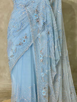 Pastal Blue net bridal designer saree - PSD23