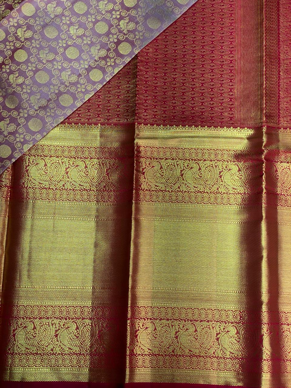 Lavender and Red Pure tissue Kanchipuram Silk saree - PPURE36