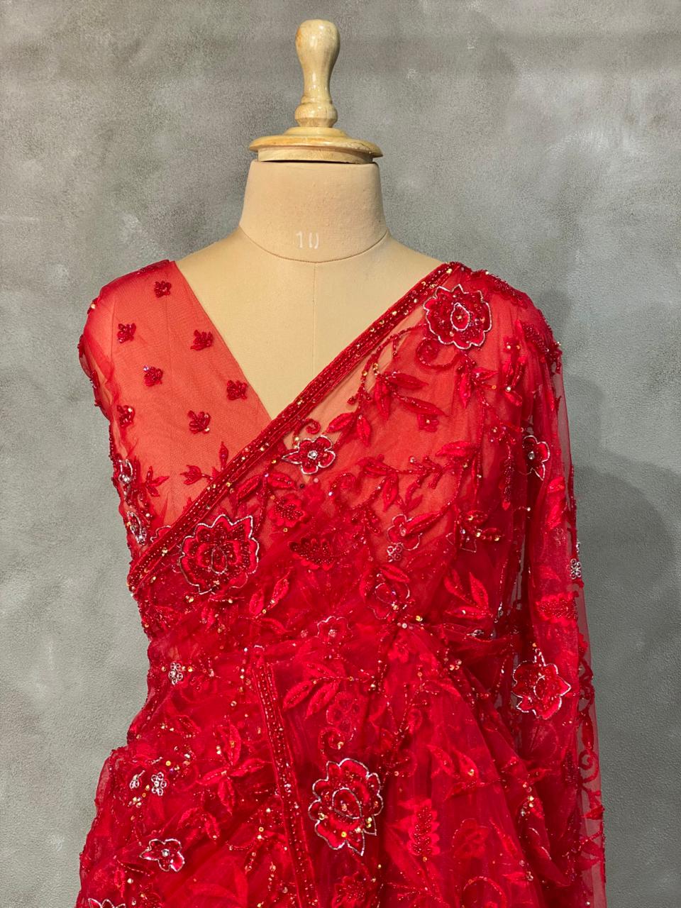 Red net bridal designer saree - PSD25A