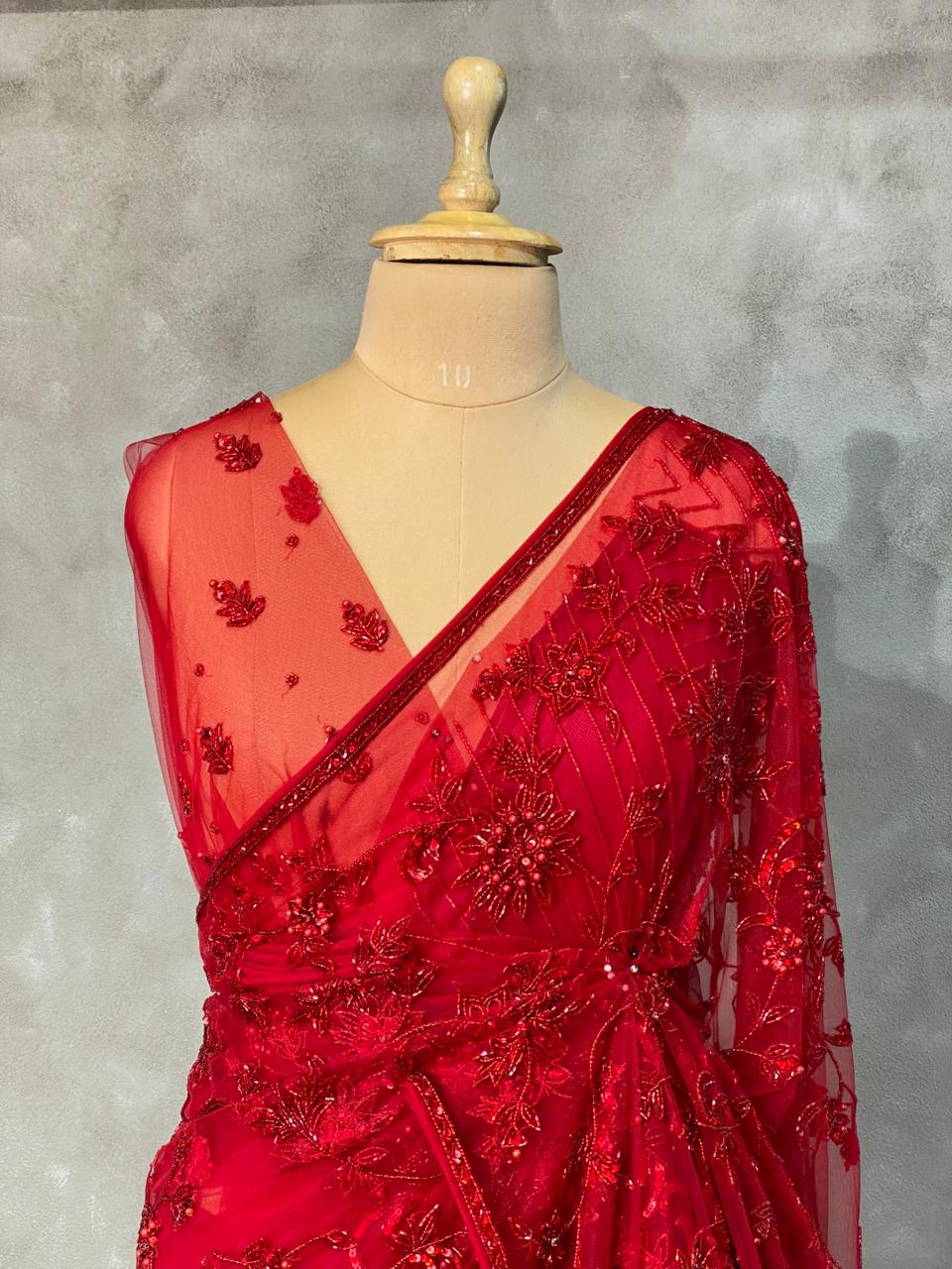 Red net bridal designer saree - PSD25