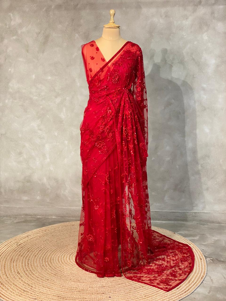 Red net bridal designer saree - PSD25