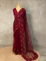 Maroon net bridal designer saree - PSD26