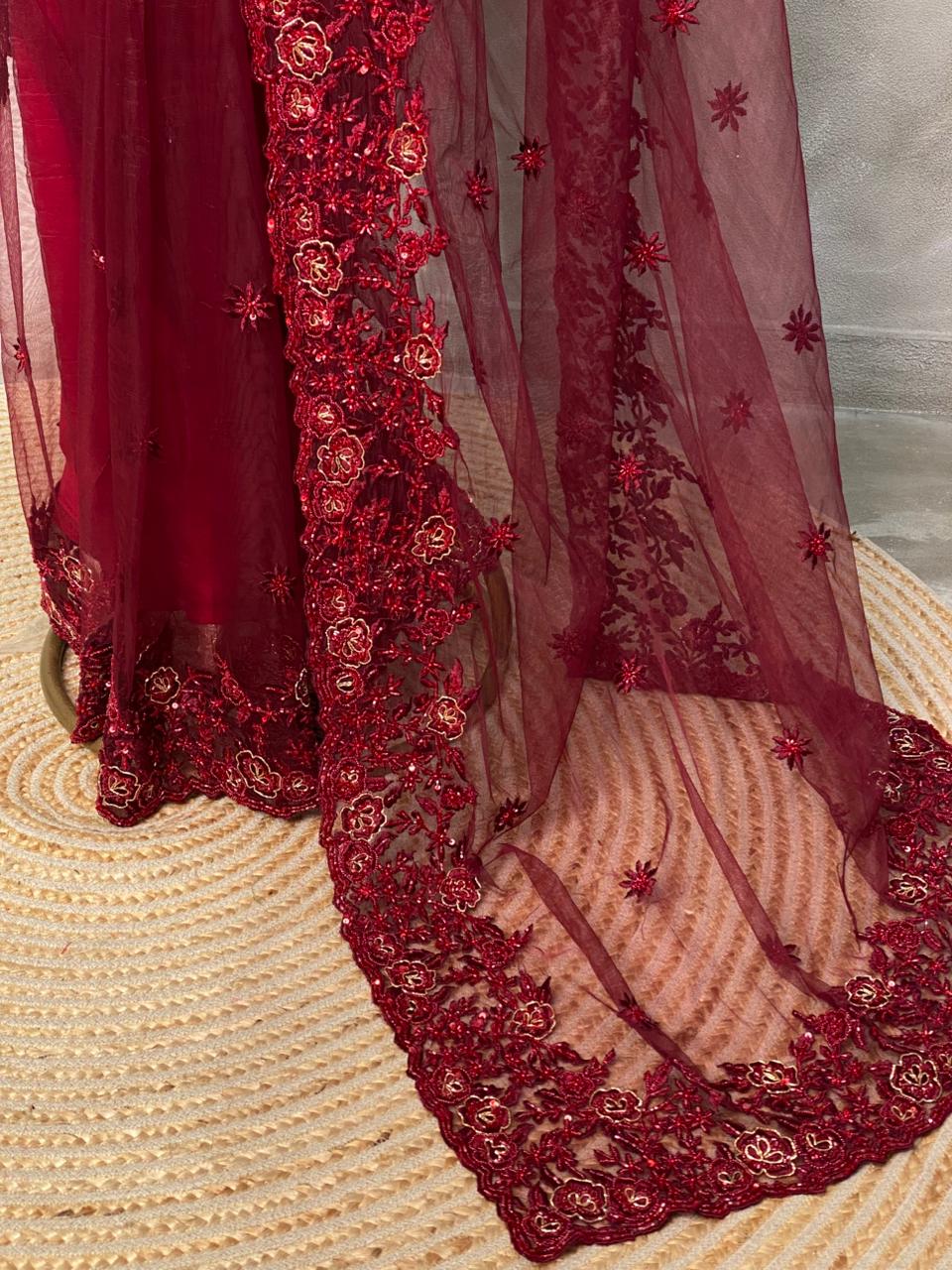 Maroon net bridal designer saree - PSD26