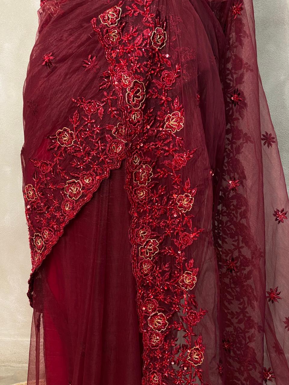 Maroon net bridal designer saree - PSD26