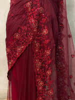 Maroon net bridal designer saree - PSD26