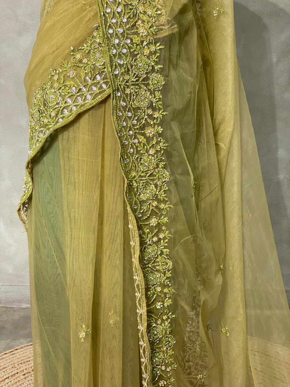 Olive Green net bridal designer saree - PSD28