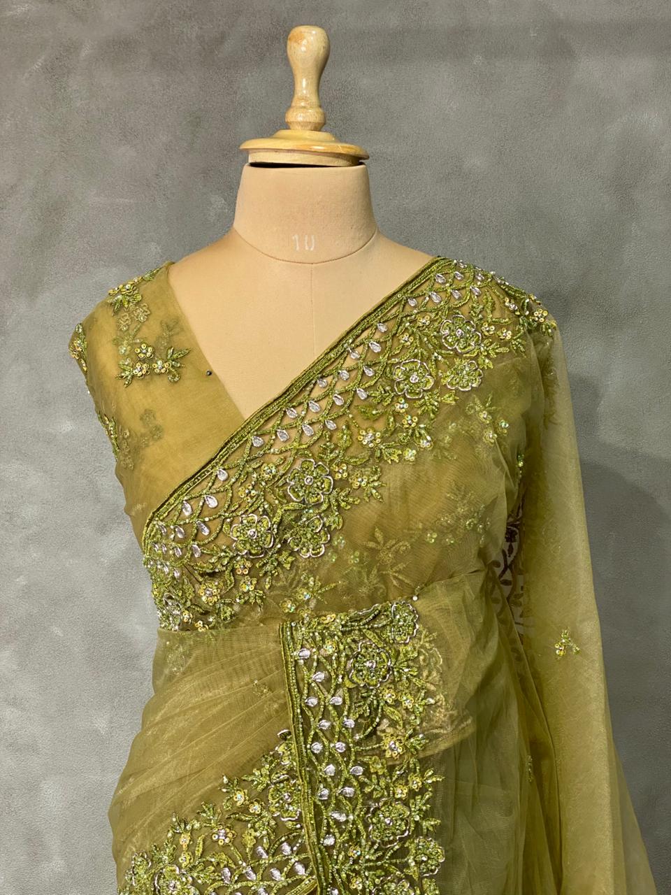 Olive Green net bridal designer saree - PSD28