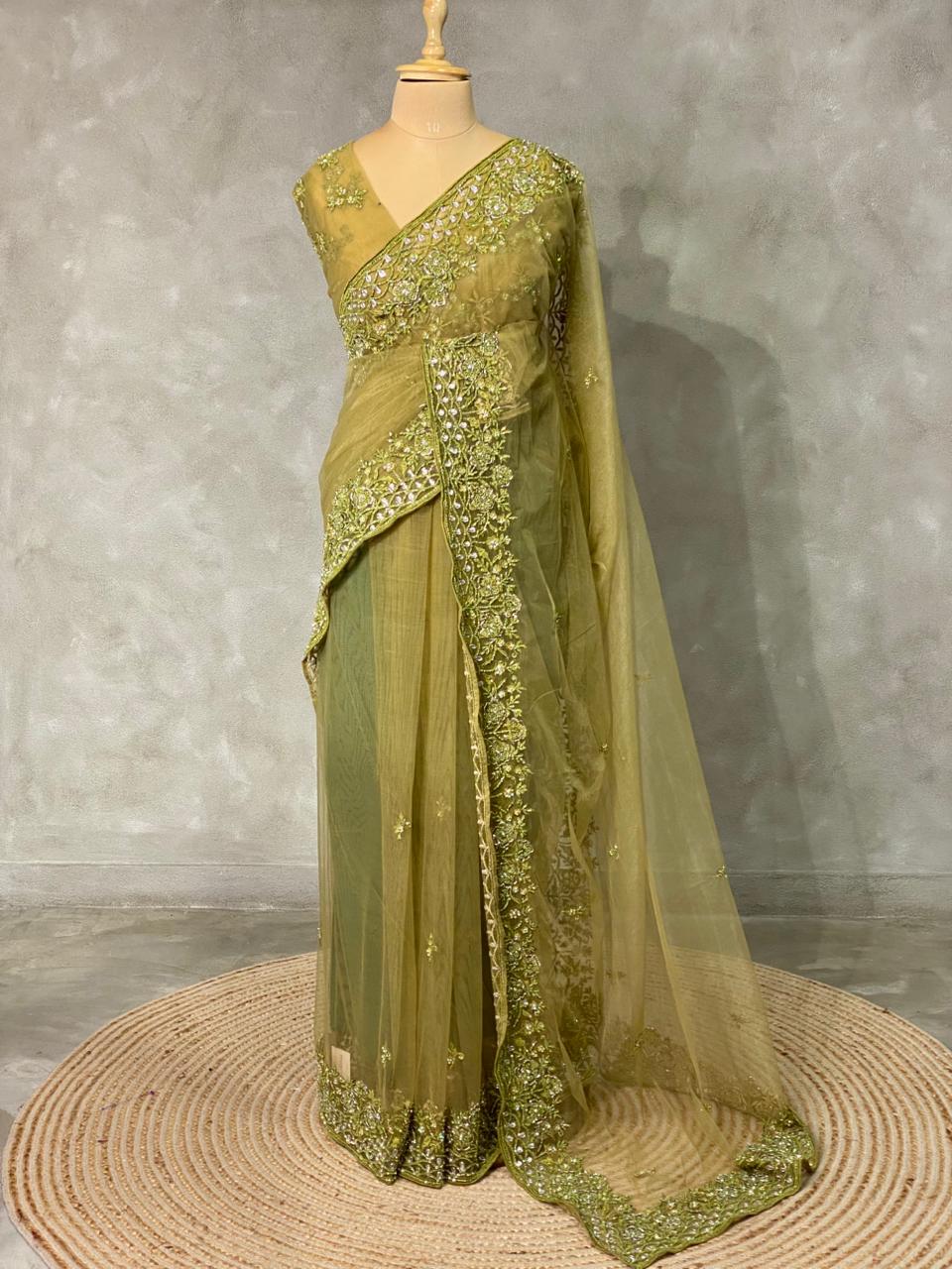 Olive Green net bridal designer saree - PSD28