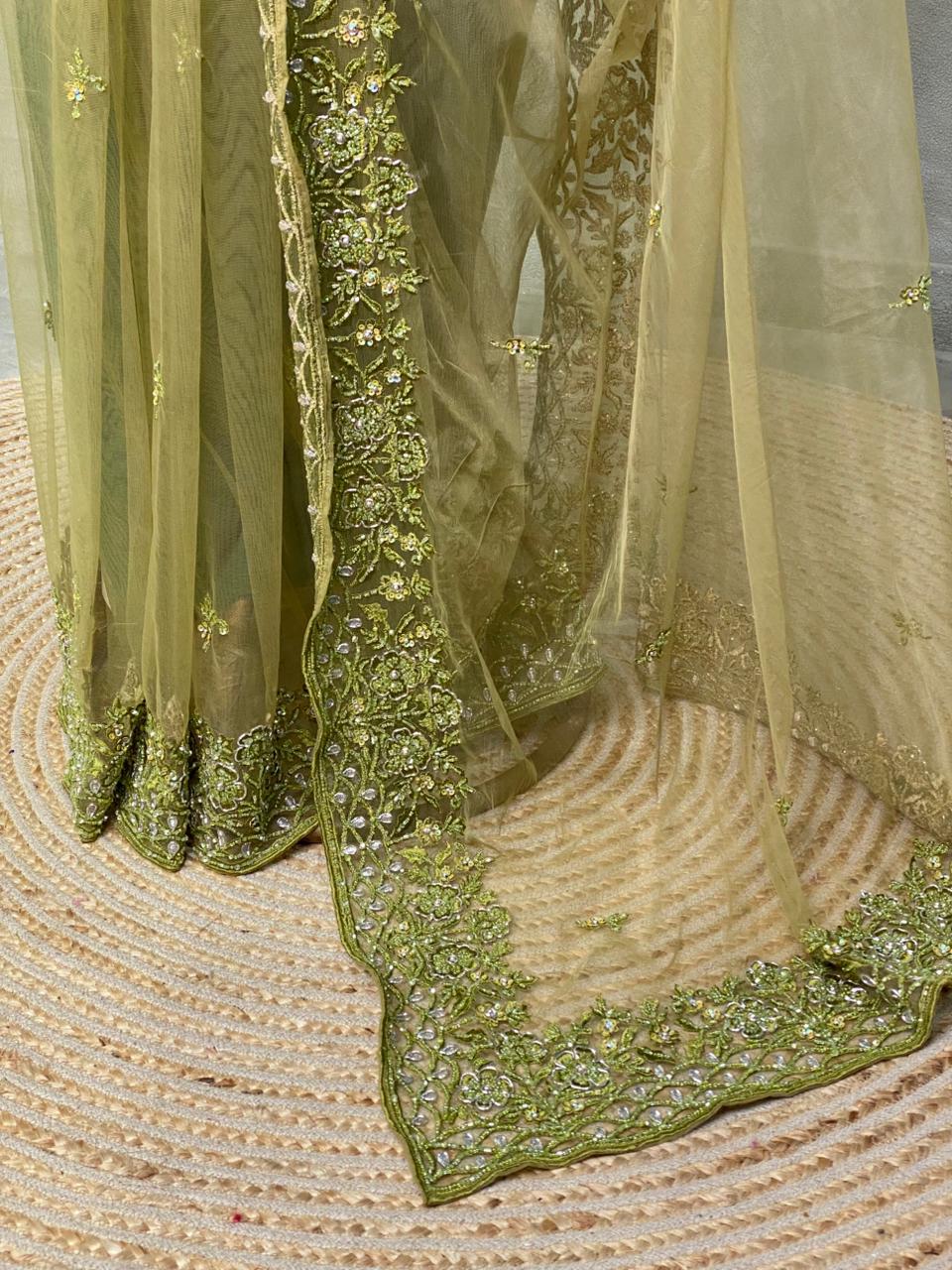 Olive Green net bridal designer saree - PSD28