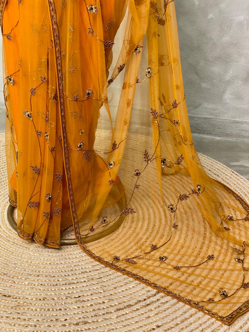 Mustard Yellow net bridal designer saree - PSD25AA