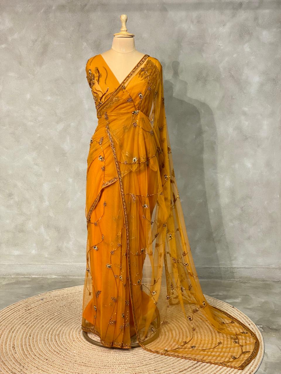 Mustard Yellow net bridal designer saree - PSD25AA