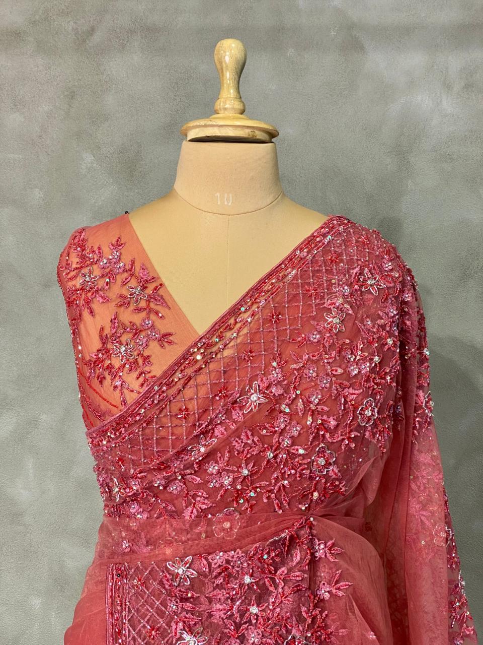 Peach net bridal designer saree - PSD29