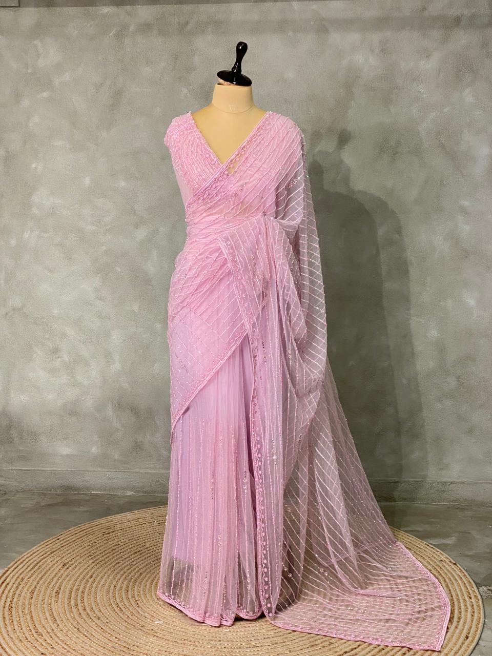 Pastal Pink net bridal designer saree - PSD17B