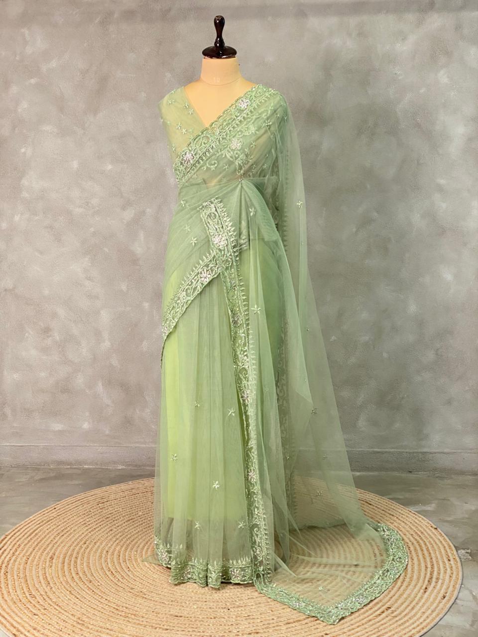 Pastal green net bridal designer saree - PSD33