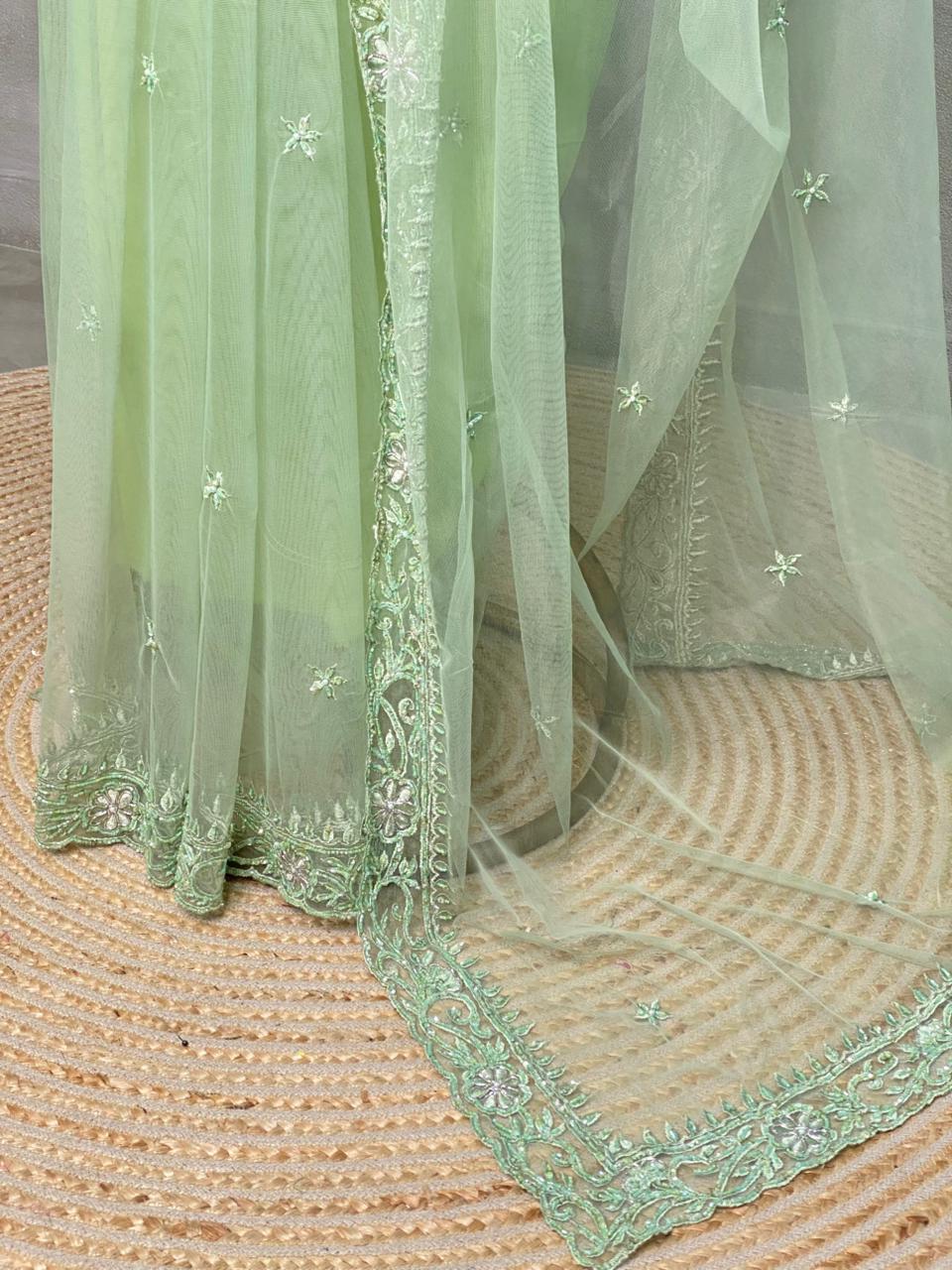 Pastal green net bridal designer saree - PSD33
