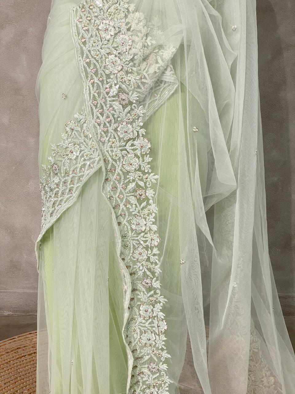Pastal green net bridal designer saree - PSD34