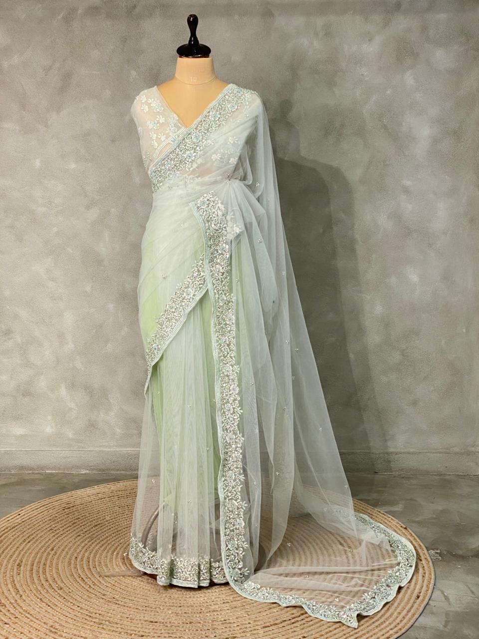 Pastal green net bridal designer saree - PSD35