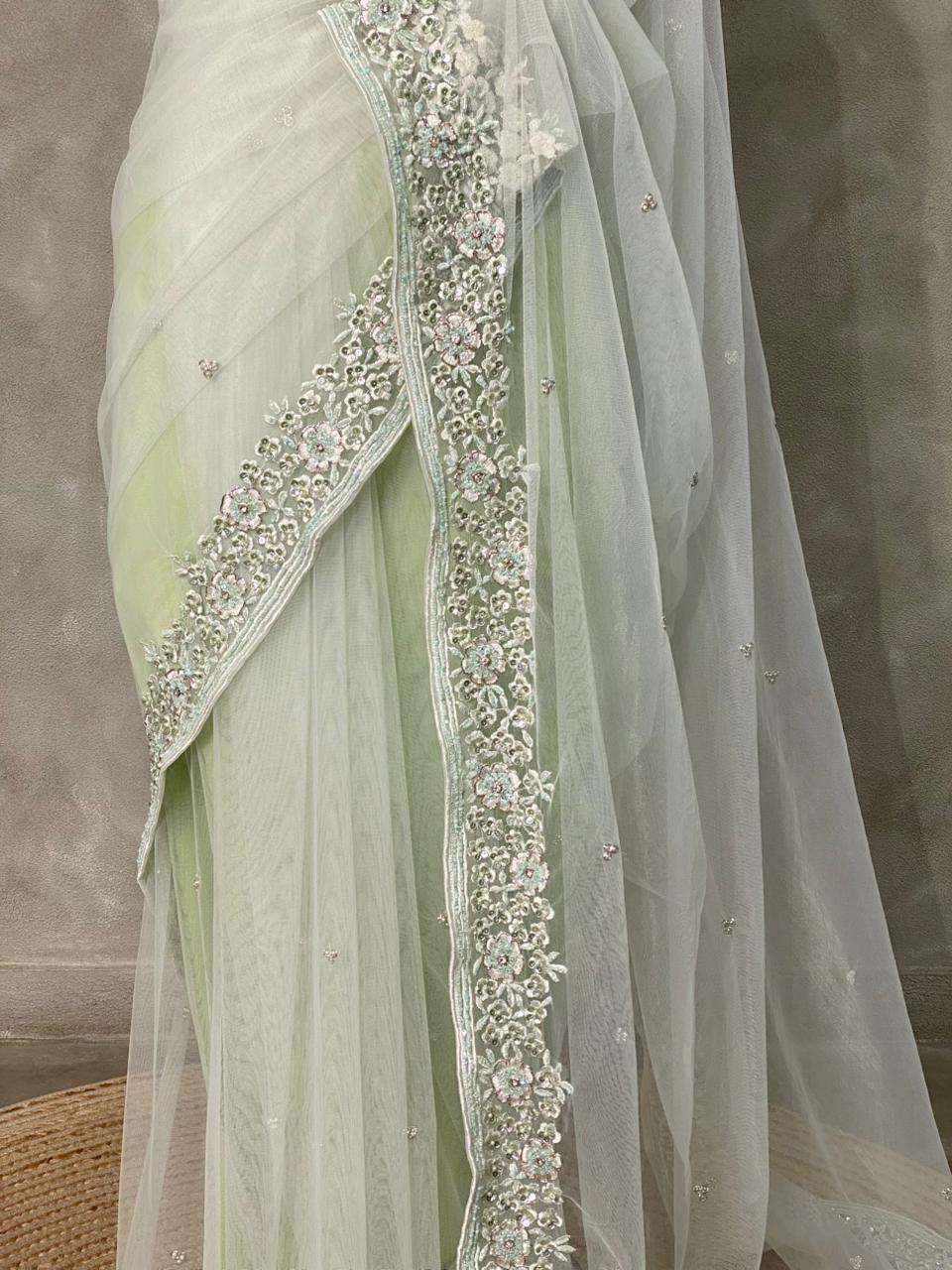 Pastal green net bridal designer saree - PSD35