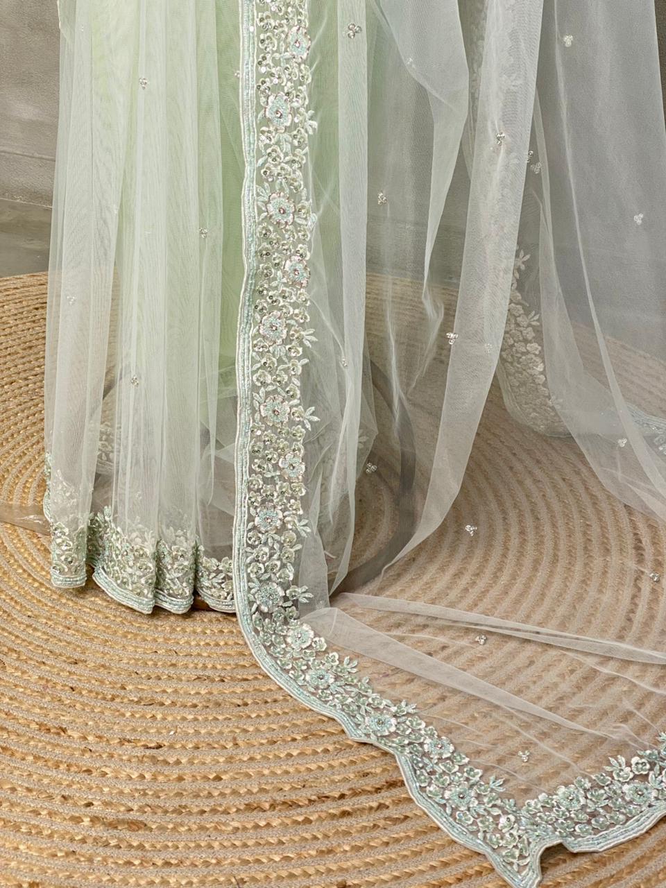 Pastal green net bridal designer saree - PSD35