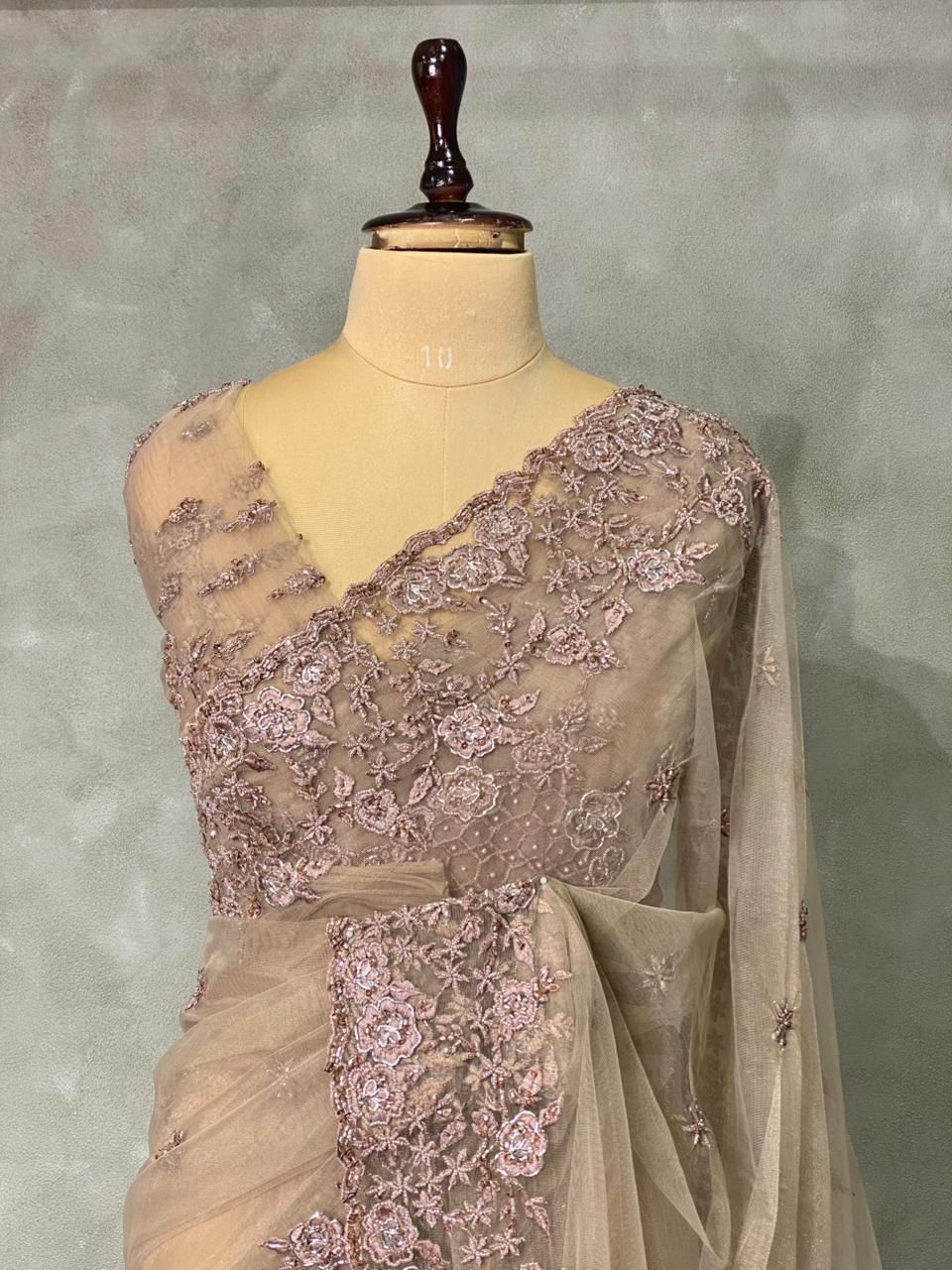 Chicku shade net bridal designer saree - PSD38