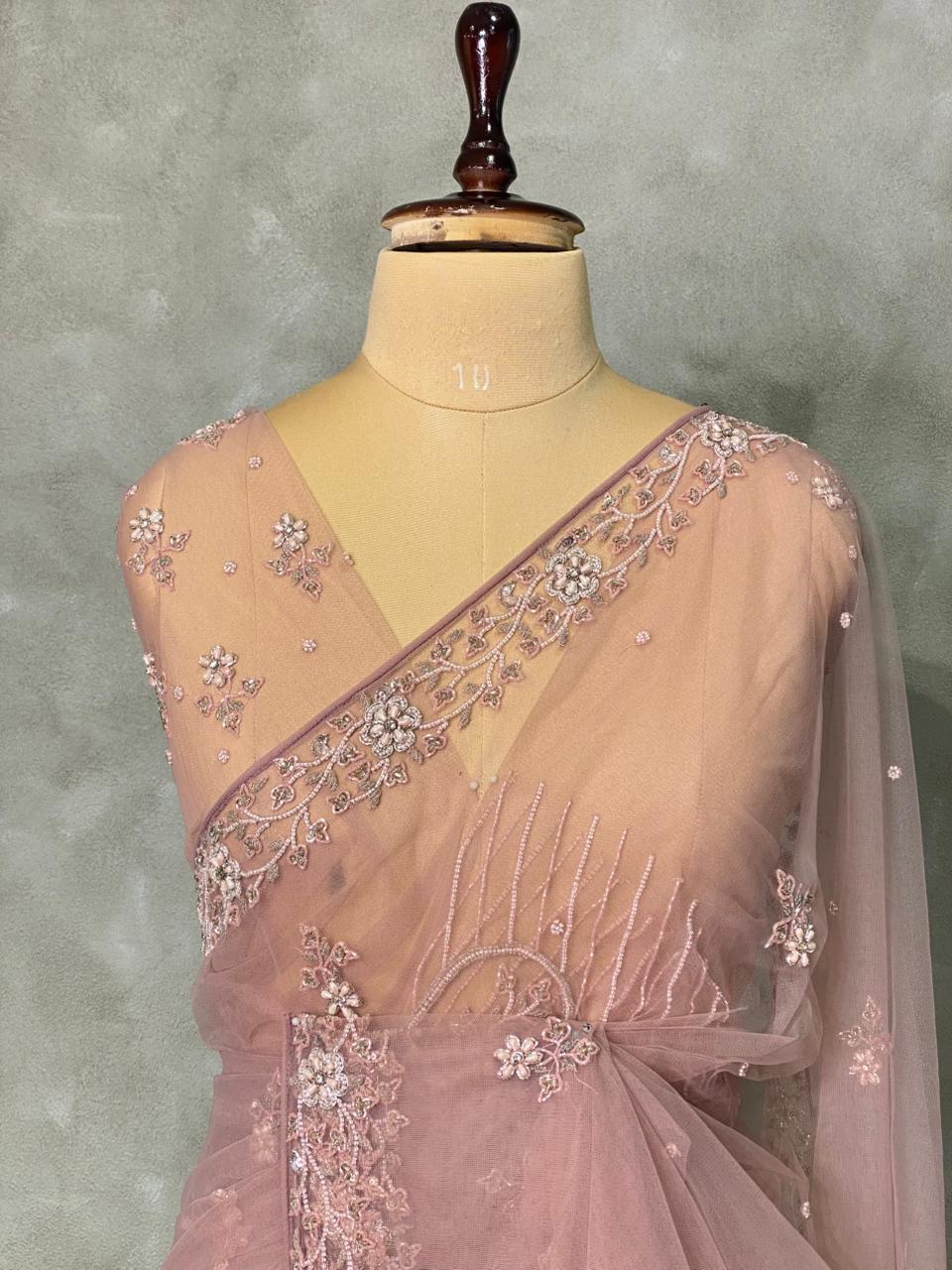 Nude Pink net bridal designer saree - PSD42