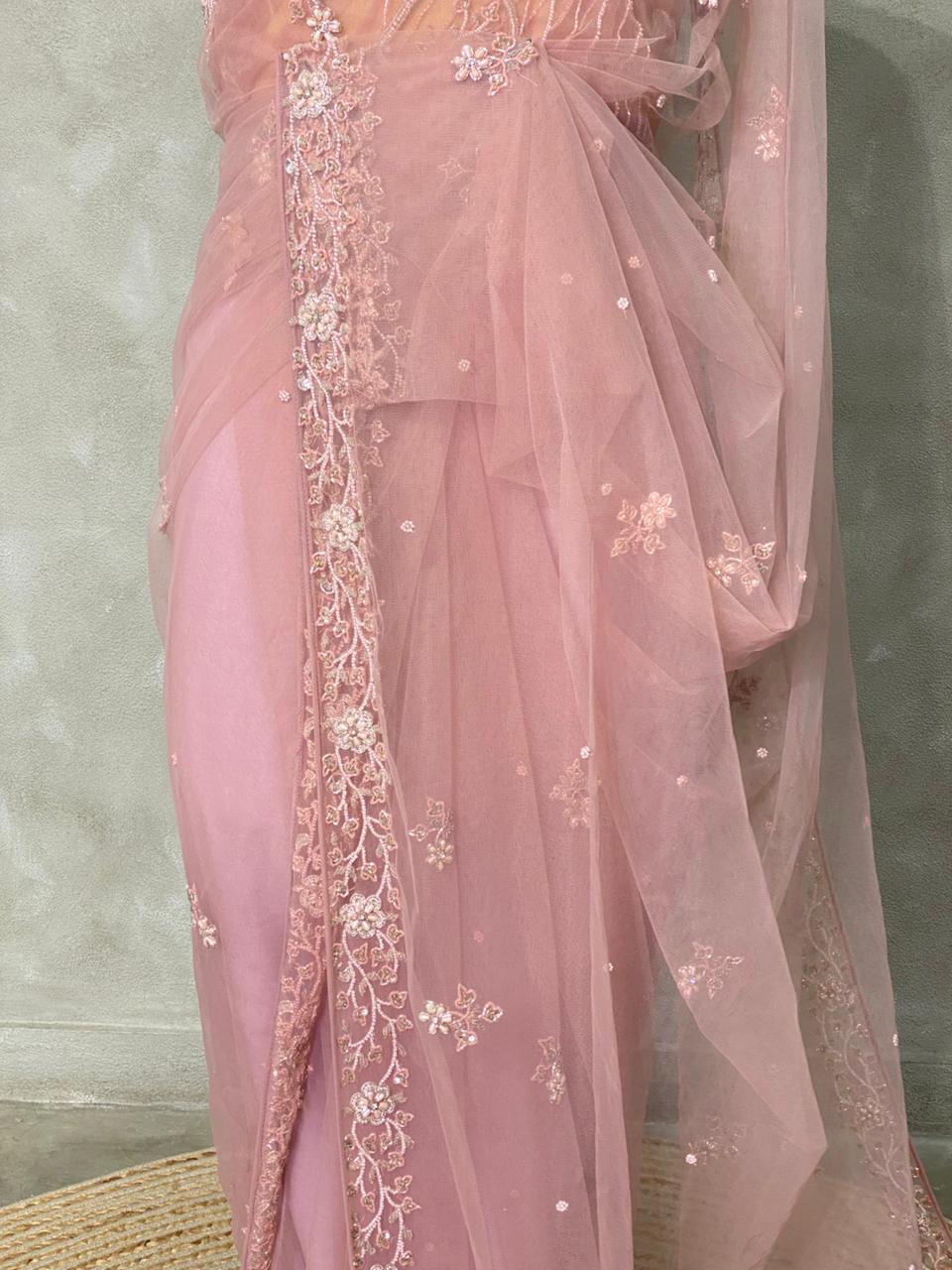 Nude Pink net bridal designer saree - PSD42