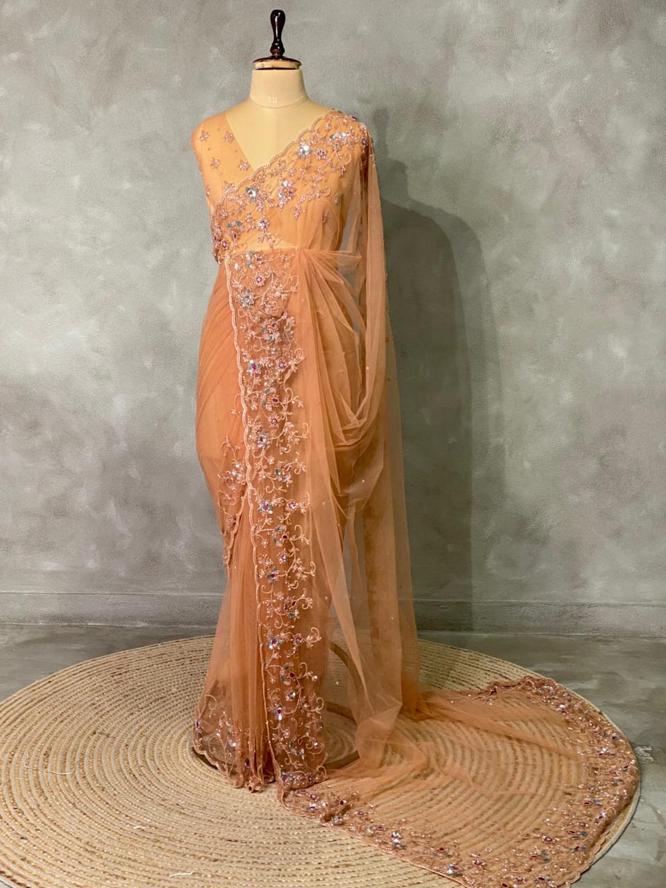 Peachish gold net bridal designer saree - PSD44