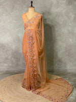 Peachish gold net bridal designer saree - PSD44