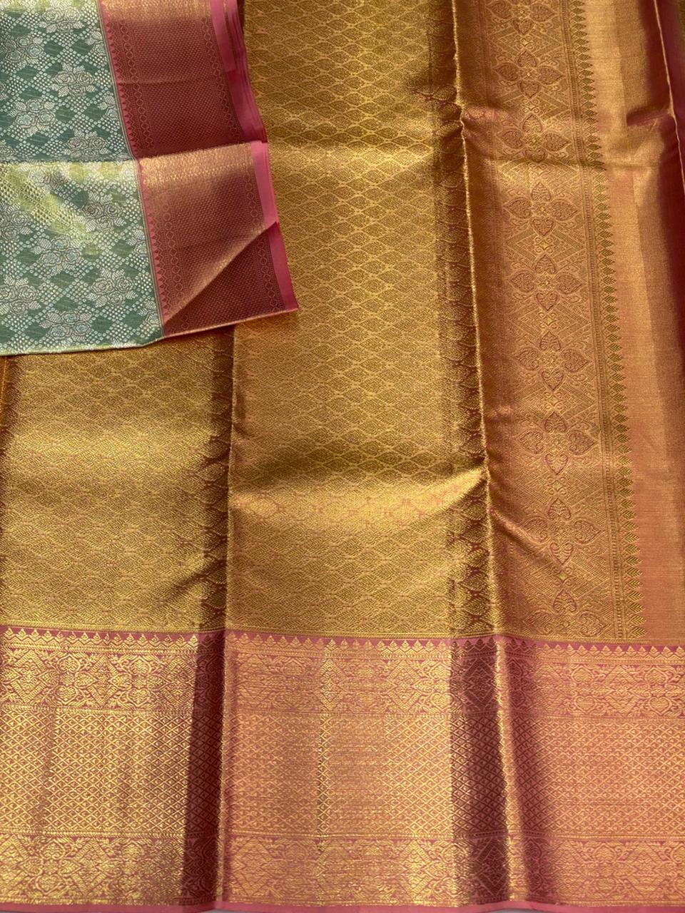 Pastal green and Pink Pure Kanchipuram Silk saree - PPURE70