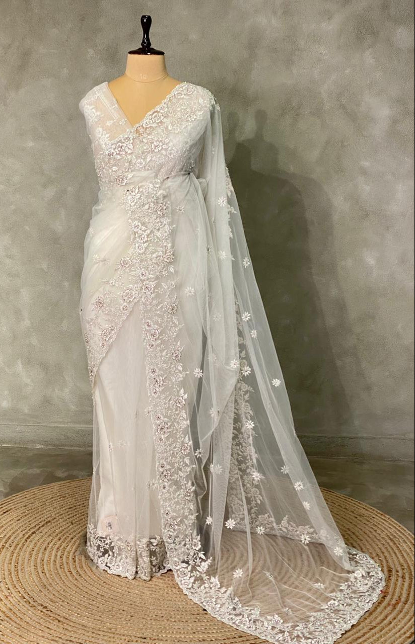 white net bridal designer saree - PSD49