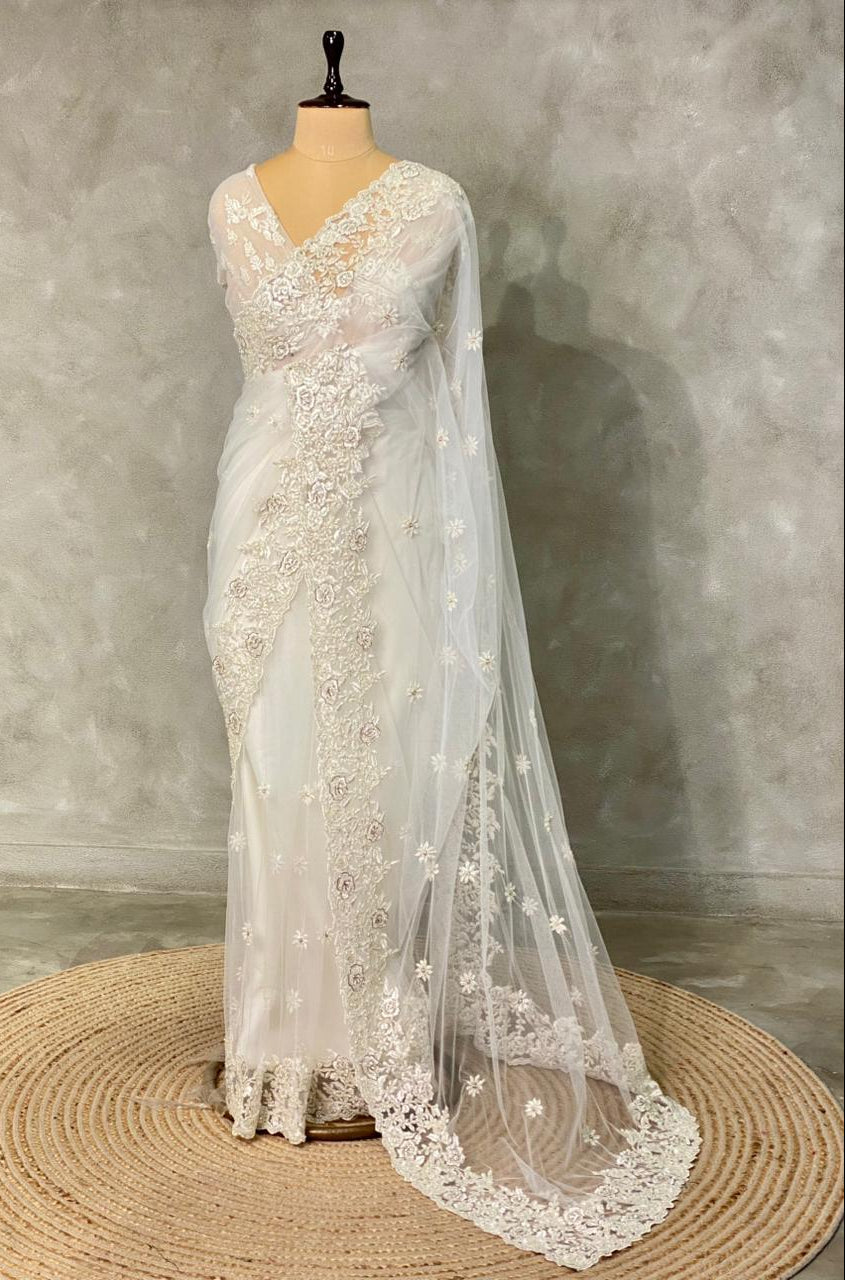 white net bridal designer saree - PSD52