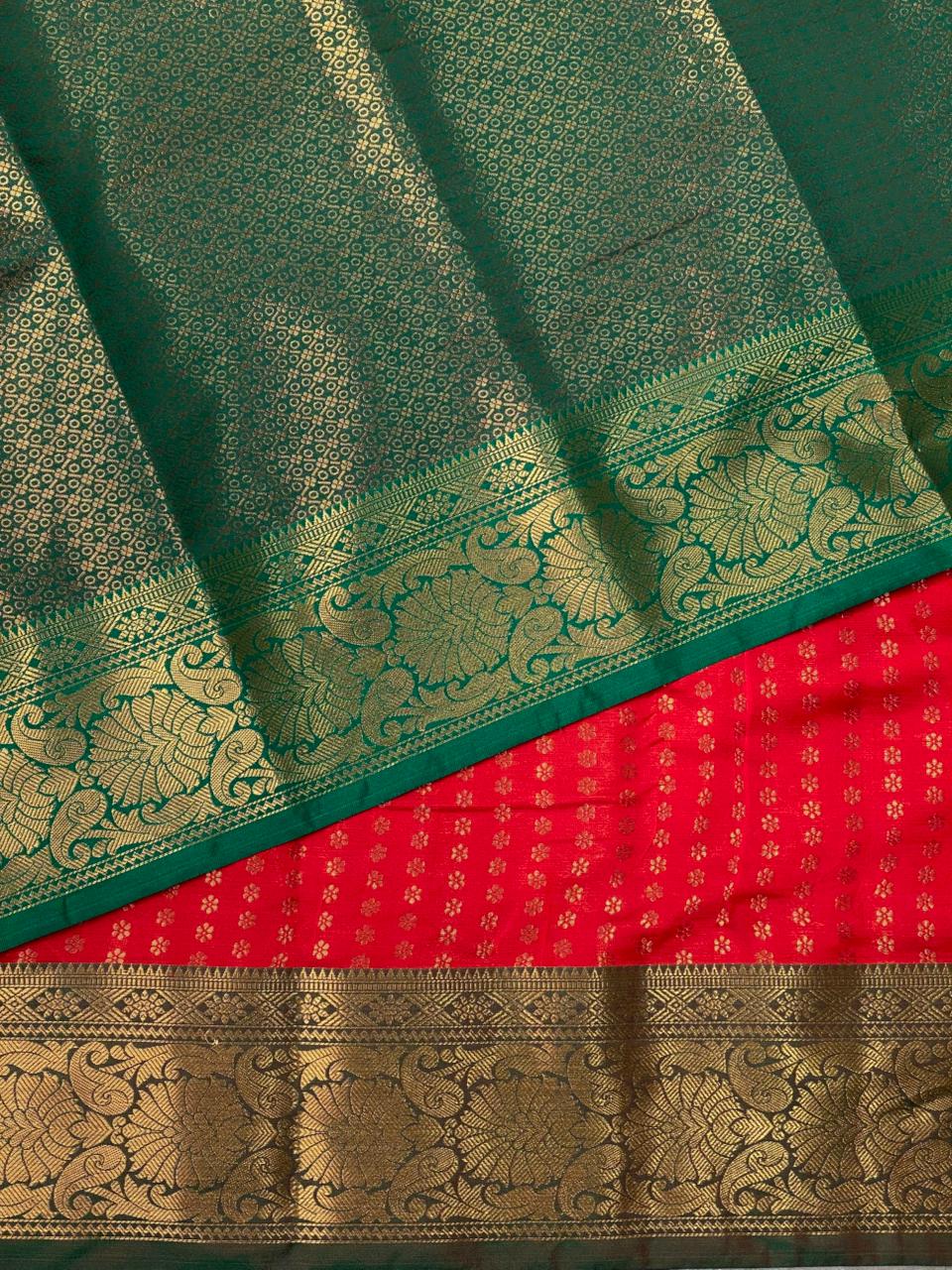Red and Green Semi brocade Banarasi silk saree- PBROK