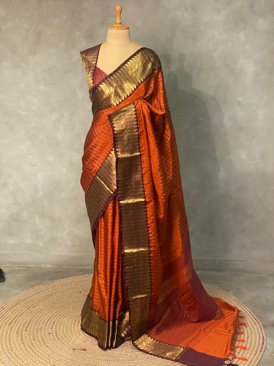 Rust Orange and brown semi Banarasi saree -MPS15C-IH